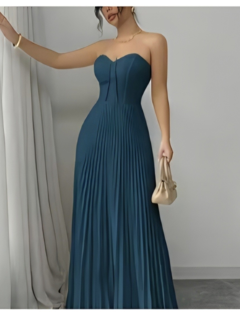 Strapless Pleated Maxi Dress in Oasis Blue